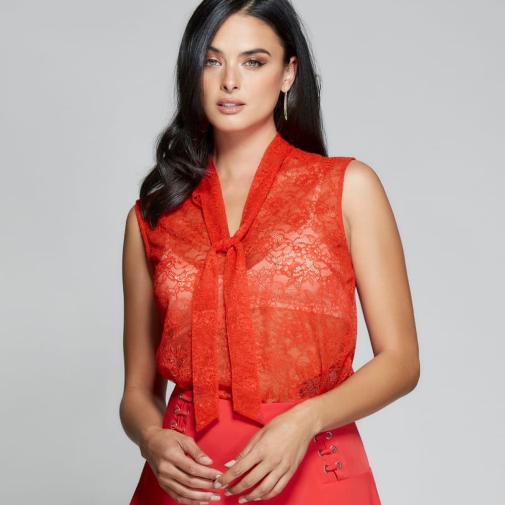New Guess Marciano Gard Lace Sheer V Neck Tie XS S